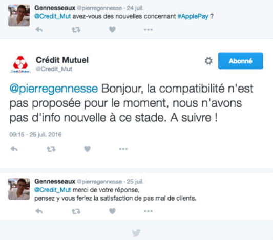 Copie d'cran d'un tweet d'un client Crdit Mutuel concernant ApplePay