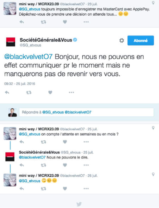 Copie d'cran d'un tweet d'un client Socit Gnrale concernant ApplePay