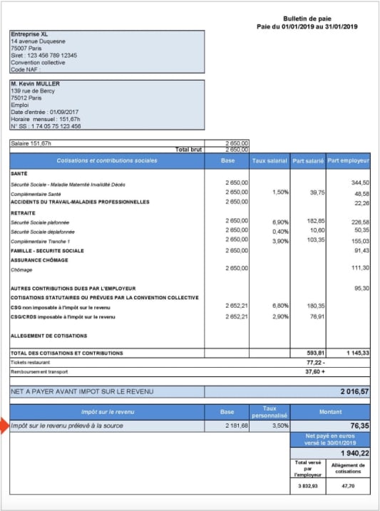 Bulletin de salaire pr&eacute;l&egrave;vement &agrave; la source