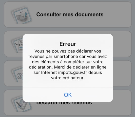 Message d'erreur déclaration de revenus sur smartphone