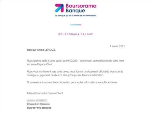 Courrier de Boursorama, demande de justificatif pour un changement de nom