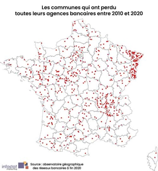 Disparition du nombre d'agences bancaires entre 2010 et 2020