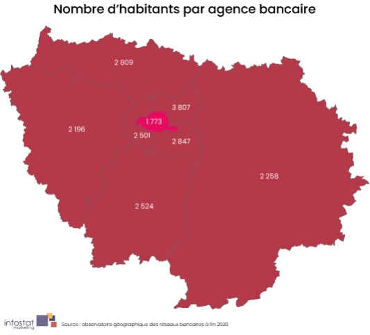 Ile de France - Densit� nombre habitants agences bancaires 2020