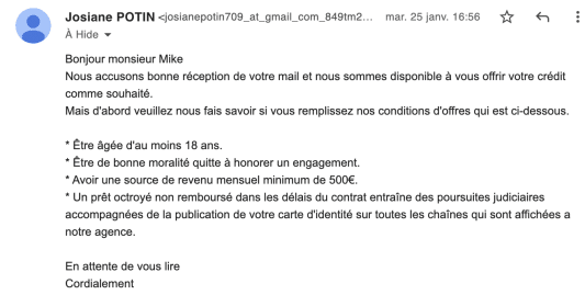 Capture d'�cran arnaque cr�dit entre particuliers