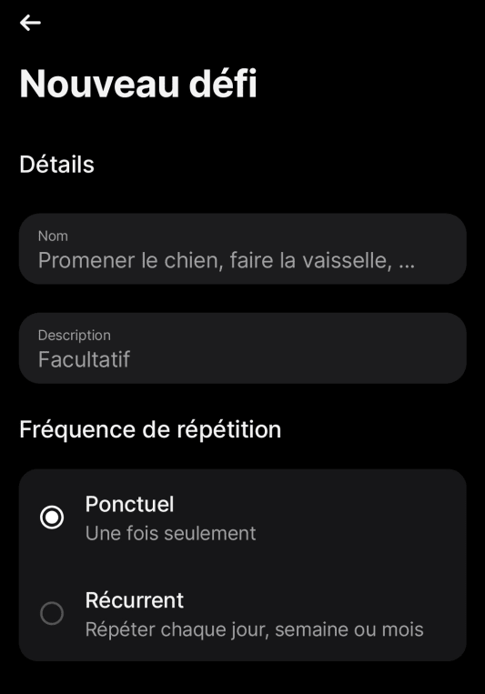 Interface mobile affichant options pour crer un nouveau dfi. Revolut