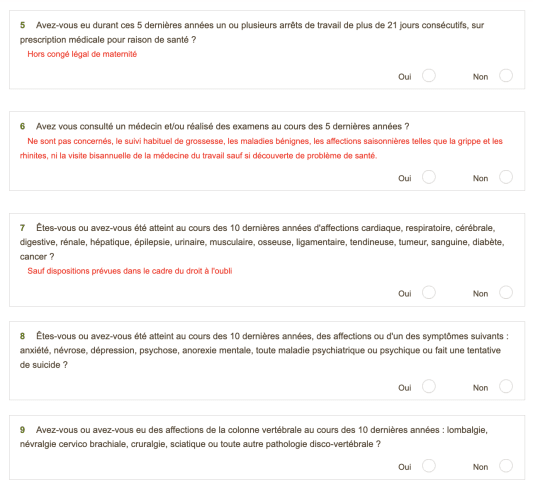 Formulaire m&eacute;dical avec questions sur l'&eacute;tat de sant&eacute;.