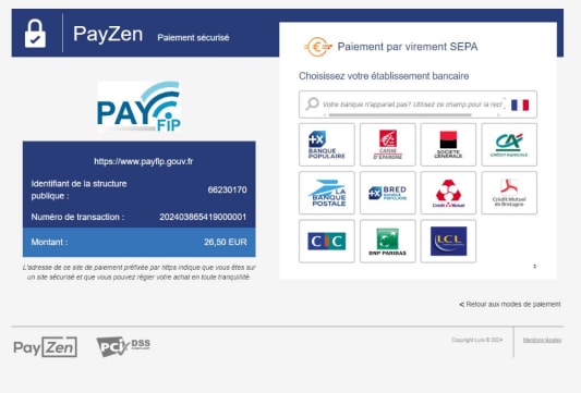Interface de paiement en ligne avec options de banques françaises.