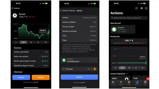 Captures d'�cran de l'application de trading Bunq Actions
