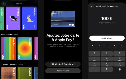 Interface mobile montrant options pour cartes Revolut et Apple Pay.