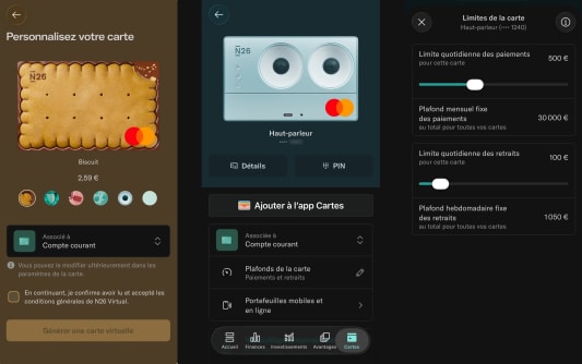 Interface mobile pour personnaliser une carte bancaire virtuelle.