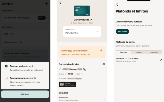 Capture d'&eacute;cran d'une application de gestion de cartes bancaires.