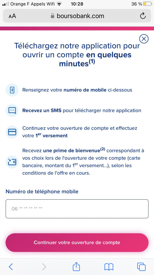Capture d'écran de l'application mobile BoursoBank pour ouvrir un compte bancaire.