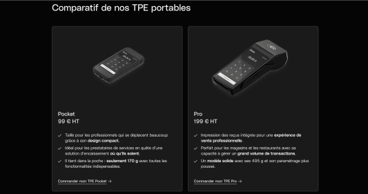 Capture du site qonto.com comparant les deux terminaux de paiement portables.