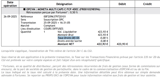 Tableau de transaction financi&egrave;re d&eacute;taillant une op&eacute;ration d'investissement chez Fortuneo