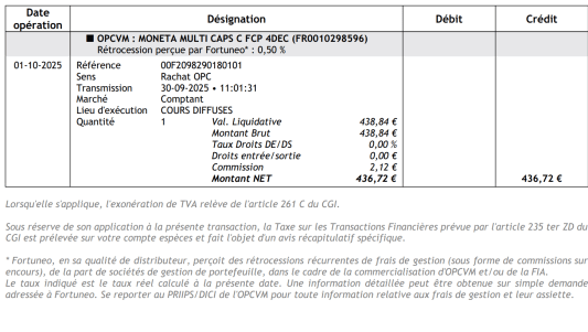 Tableau d�taillant une transaction financi�re chez Fortuneo