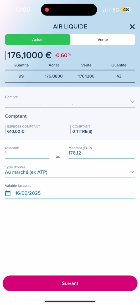 Interface d'application mobile pour transaction d'actions Air Liquide.