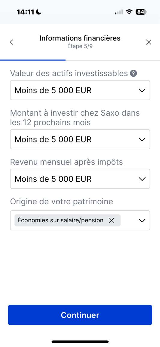 �cran d'application Saxo lors de l'ouverture du compte.