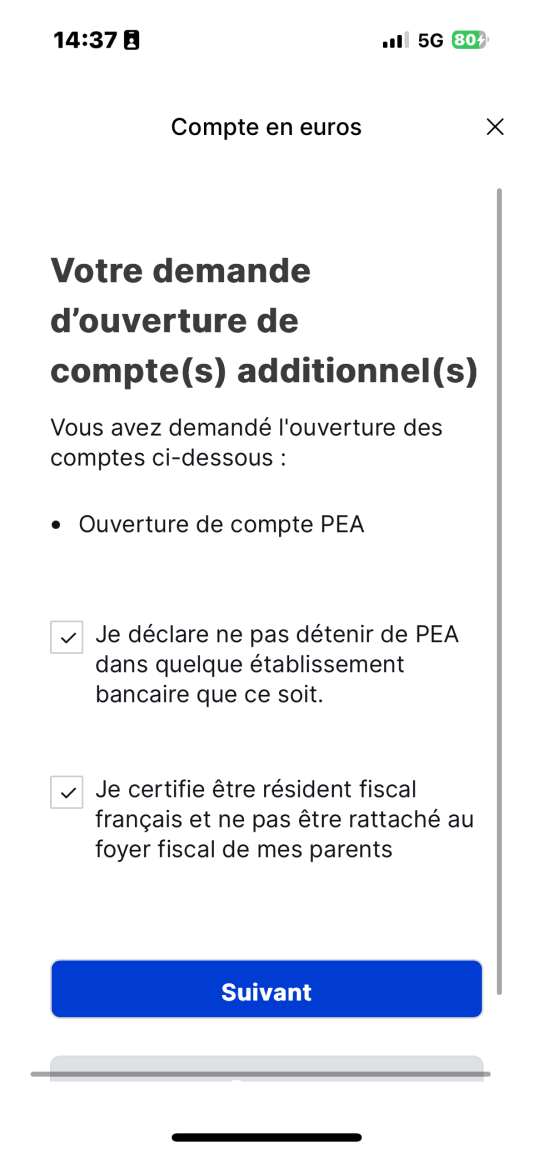 �cran de demande d'ouverture de compte bancaire sur mobile.