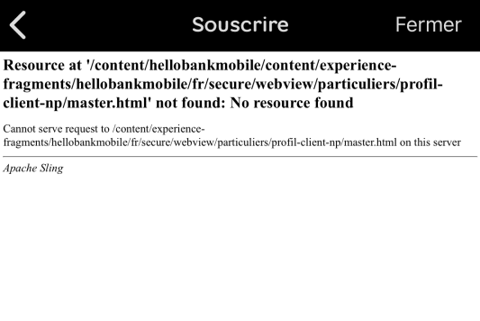 �cran d'erreur avec message de ressource non trouv�e.