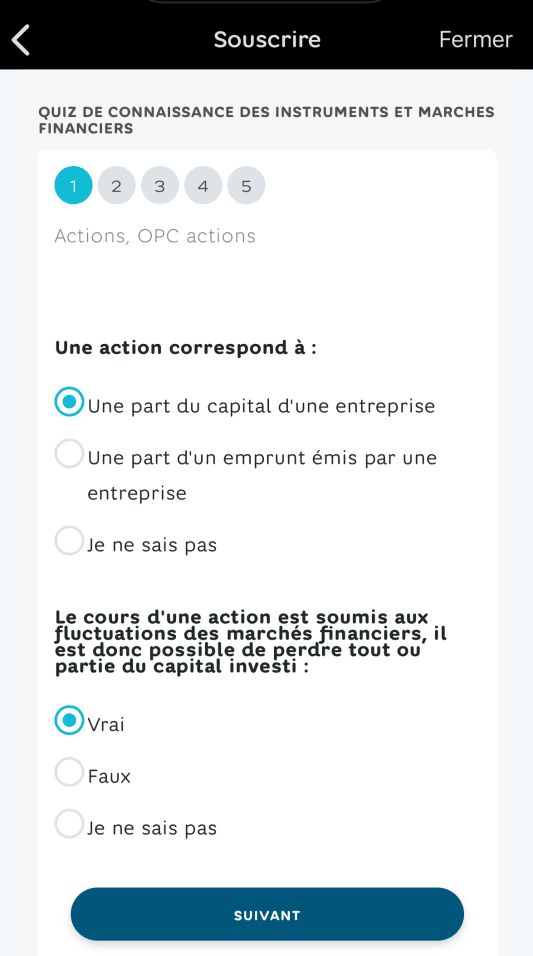 Capture d'�cran d'un quiz sur les instruments financiers.