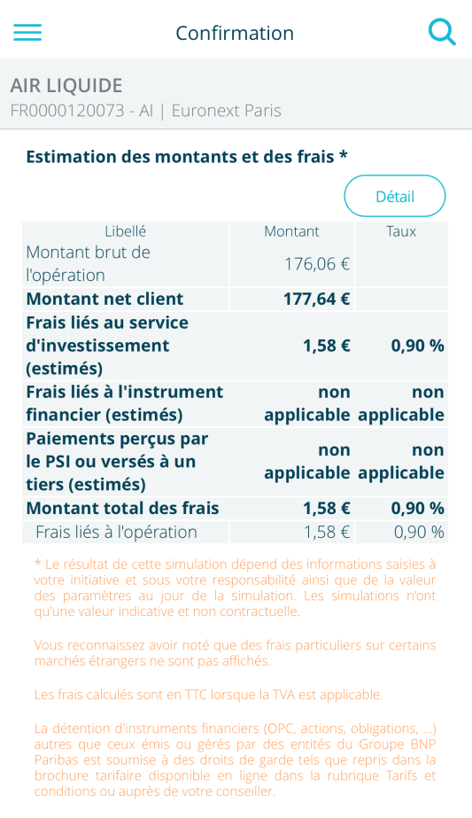 Capture d'�cran d'une estimation de frais financiers.