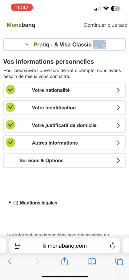 Capture d'�cran du site Monabanq listant les �tapes de souscription