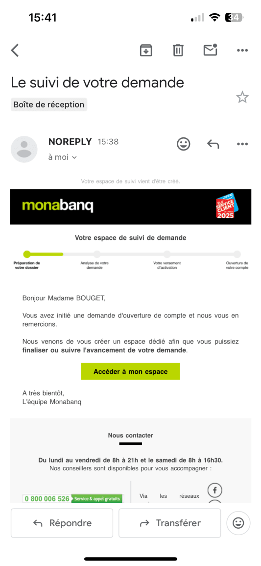 Capture d'�cran d'un email de monabanq pour confirmation de cr�ation d'espace personnel