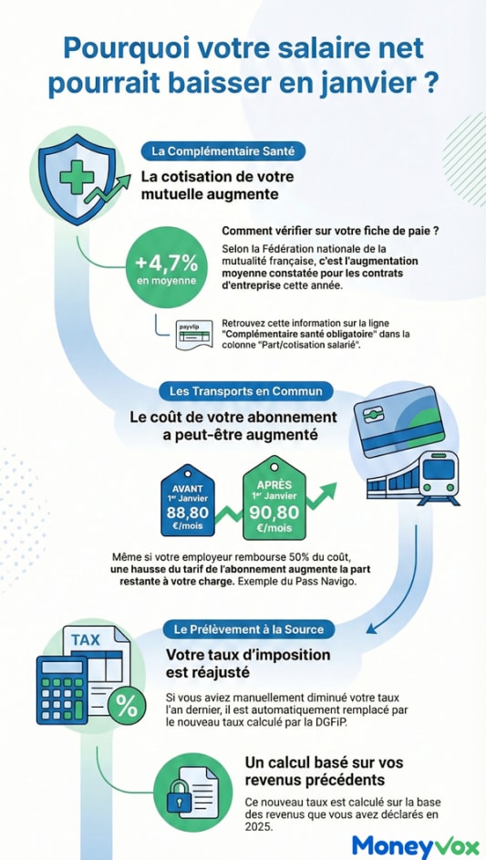 Infographie expliquant pourquoi le salaire net pourrait baisser en janvier 2026