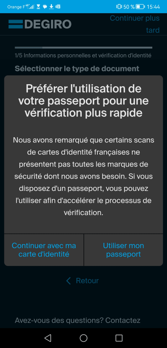 �cran de v�rification d'identit� sur l'application mobile DEGIRO