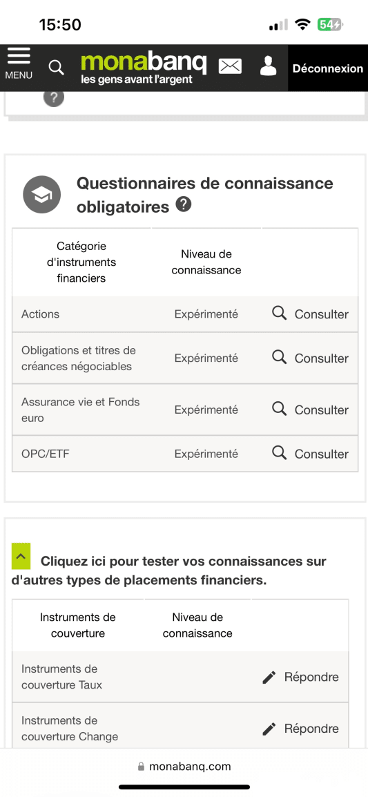 Capture de l'application Monabanq et du questionnaire de connaissances investisseur
