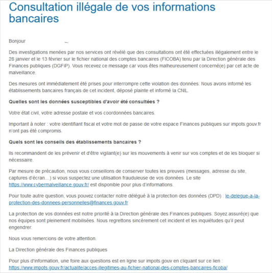 Alerte de consultation ill&eacute;gale d'informations bancaires personnelles. 