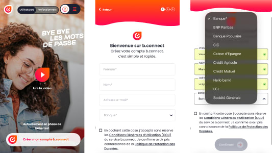 Cr�ation de compte b.connect, s�lection de banque, inscription rapide.