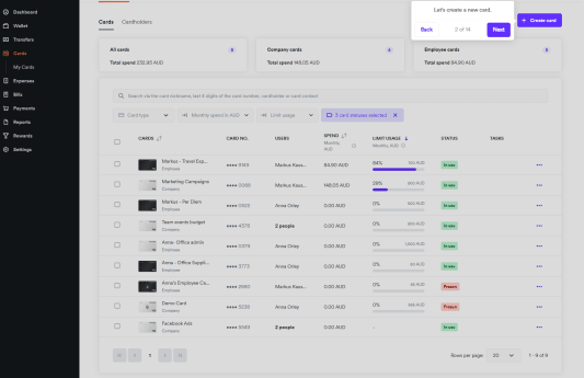 Capture d'�cran de l'interface Airwallex et module de gestion des cartes