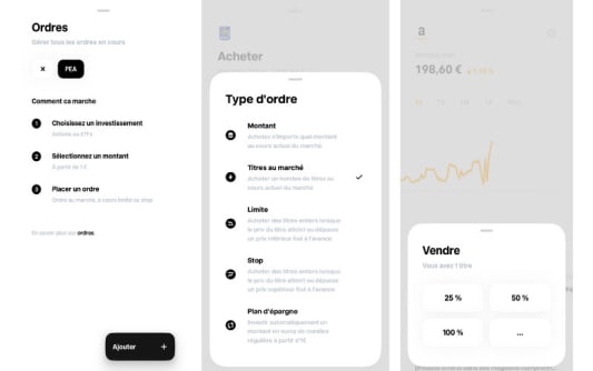 Interface d'application de trading avec options d'achat et de vente.
