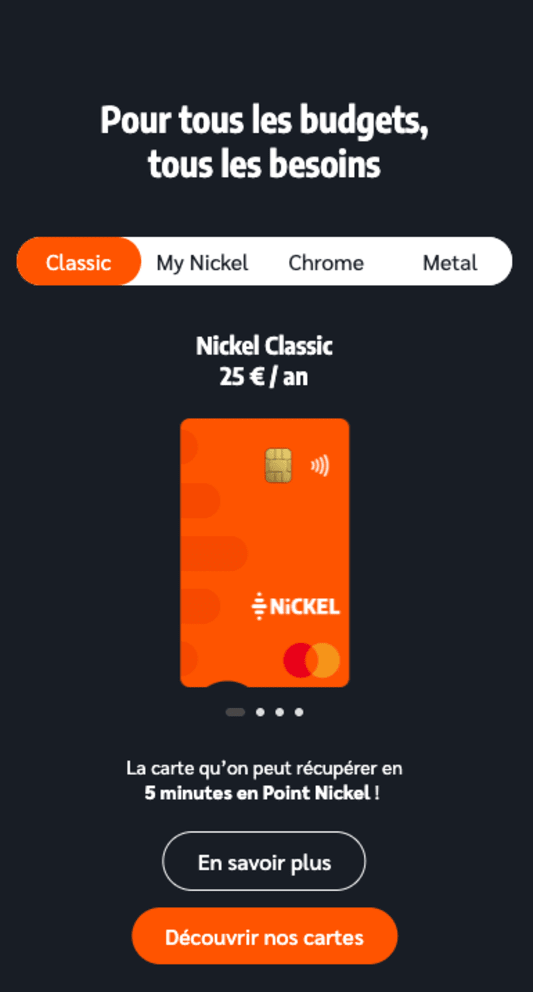 Quatre cartes bancaires Nickel différentes pour tous les budgets.