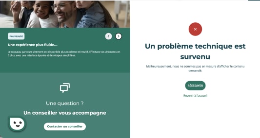 Message d?erreur technique, suggestion de contacter un conseiller pour aide.