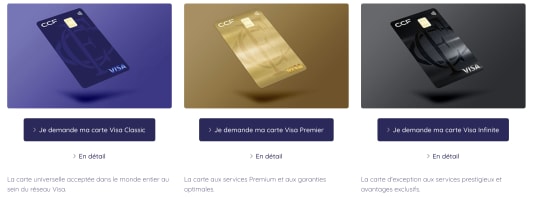 Trois cartes bancaires Visa commercialisées par le CCF : Classic, Premier et Infinite.