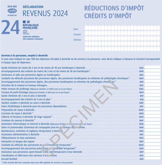 Formulaire fiscal fran&ccedil;ais 2024 pour r&eacute;ductions et cr&eacute;dits d'imp&ocirc;t.