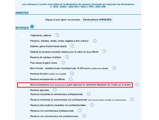 Liste de revenus &agrave; d&eacute;clarer, option micro-entrepreneur encadr&eacute;e en rouge.