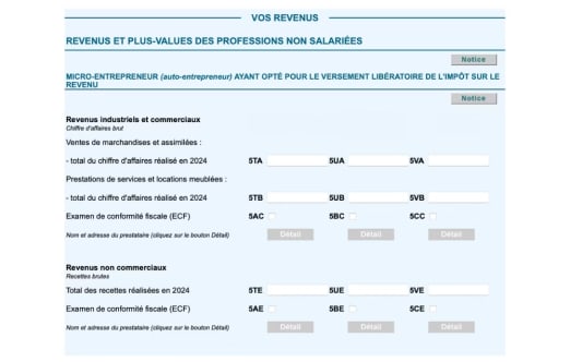 Formulaire fiscal pour revenus de micro-entrepreneur, chiffres &agrave; renseigner.
