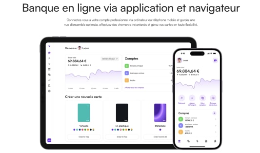 Vivid : application bancaire affich&eacute;e sur tablette et smartphone, interface claire et moderne.