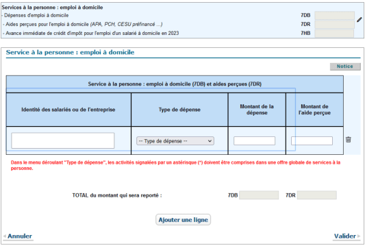 Formulaire fiscal pour d&eacute;clarer emploi &agrave; domicile et aides per&ccedil;ues.