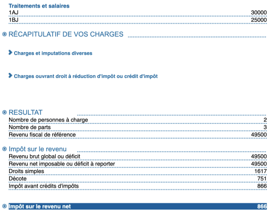 R&eacute;sum&eacute; d?imposition avec salaires, charges, parts fiscales et imp&ocirc;t net.