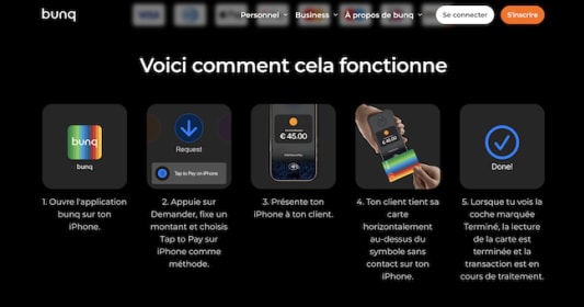 Capture du site bunq montrant les instructions pour accepter des paiements avec l'application bunq sur iPhone.