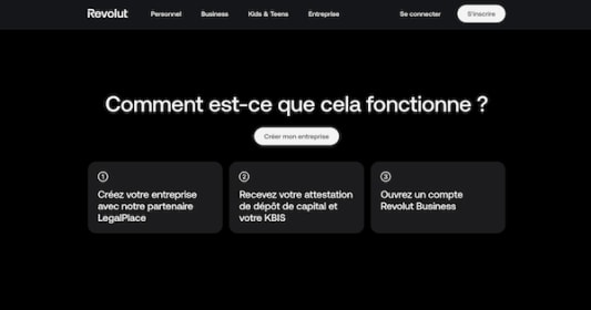 Capture du site Revolut donnant les instructions pour cr&eacute;er une entreprise 