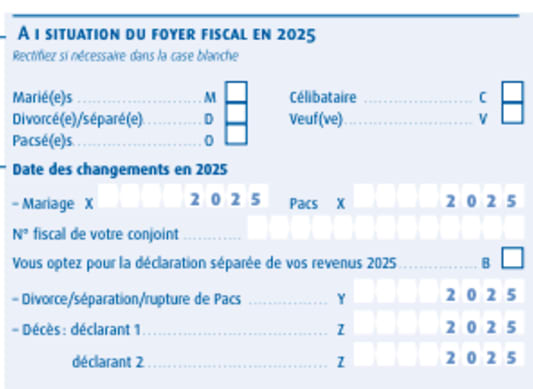 Formulaire fiscal fran&ccedil;ais sur la situation familiale en 2025.
