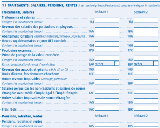 Formulaire fiscal pour d&eacute;clarer revenus, salaires, pensions, rentes.