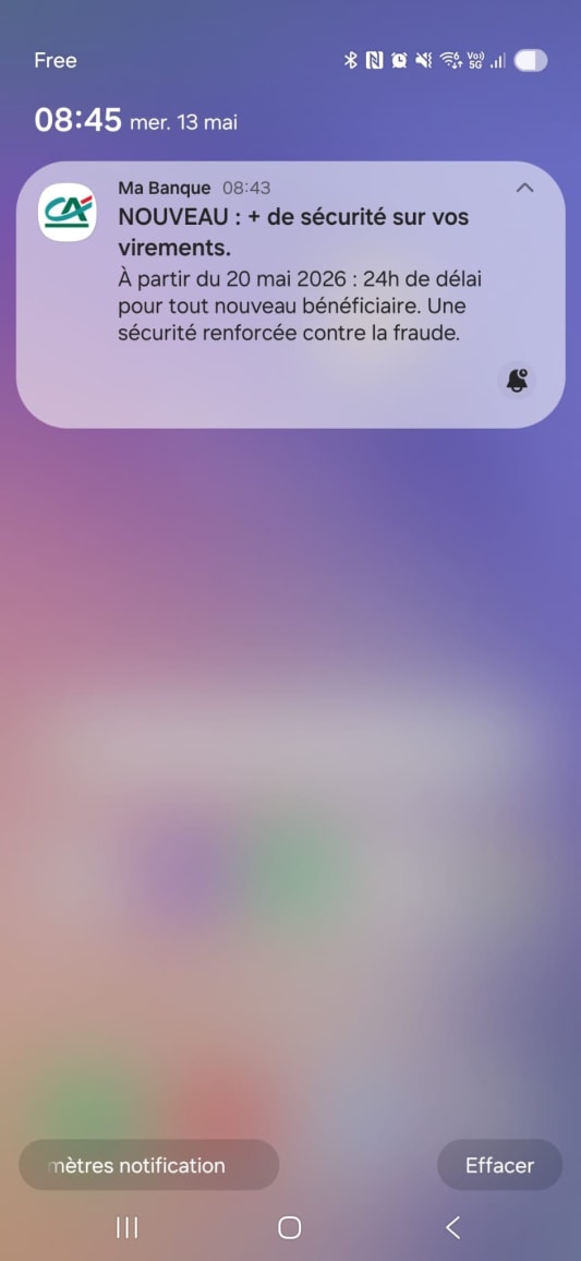 Notification bancaire sur s&eacute;curit&eacute; renforc&eacute;e pour les virements au Cr&eacute;dit Agricole