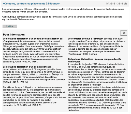 Informations sur la déclaration des comptes, contrats ou placements à l'étranger.