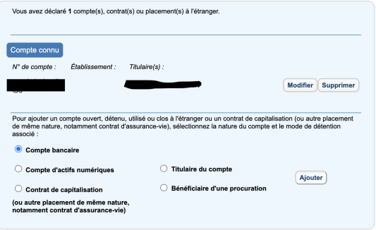 Déclaration de compte bancaire à l?étranger, options de gestion affichées.